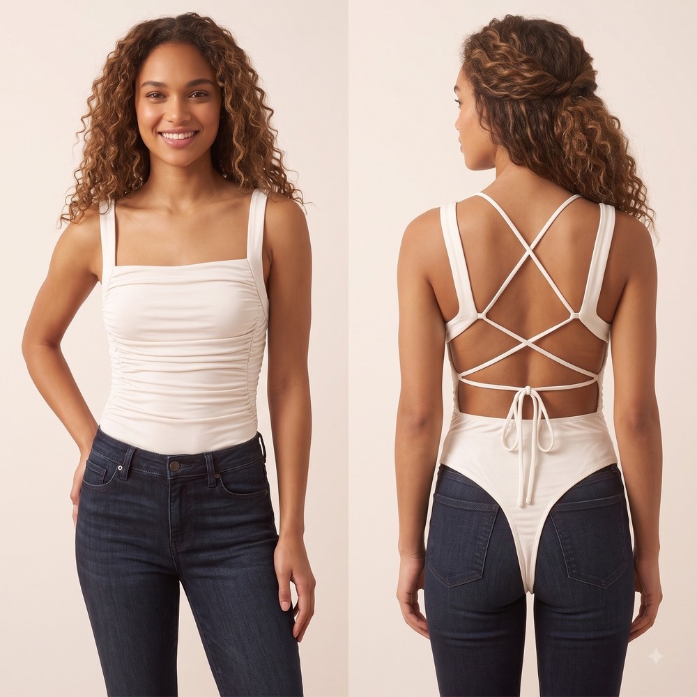 Lush Cream White Ruched Bodysuit Open Back Square Neck Tie Sleeveless Womens M